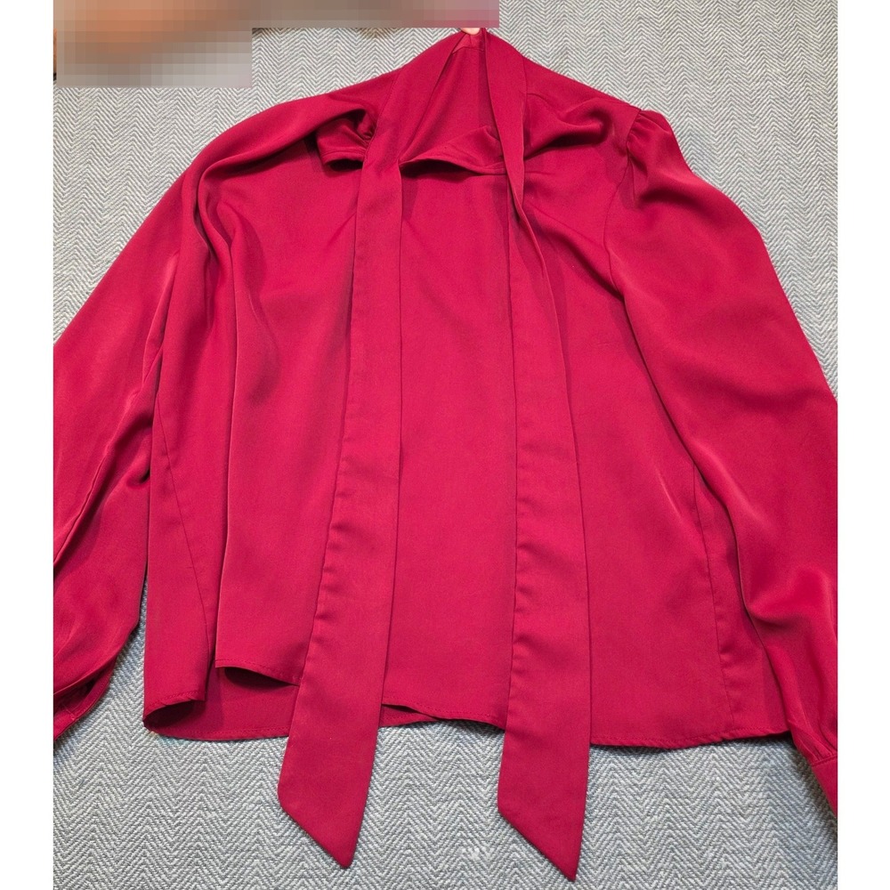 Rooscier Womens XL Red Tie Neck Blouse Long Balloon Sleeve Office Top Solid Wove